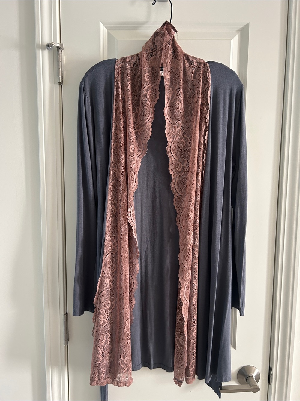 Women’s Lace-Trim Long Robe Cardigan - Dusty Rose & Slate